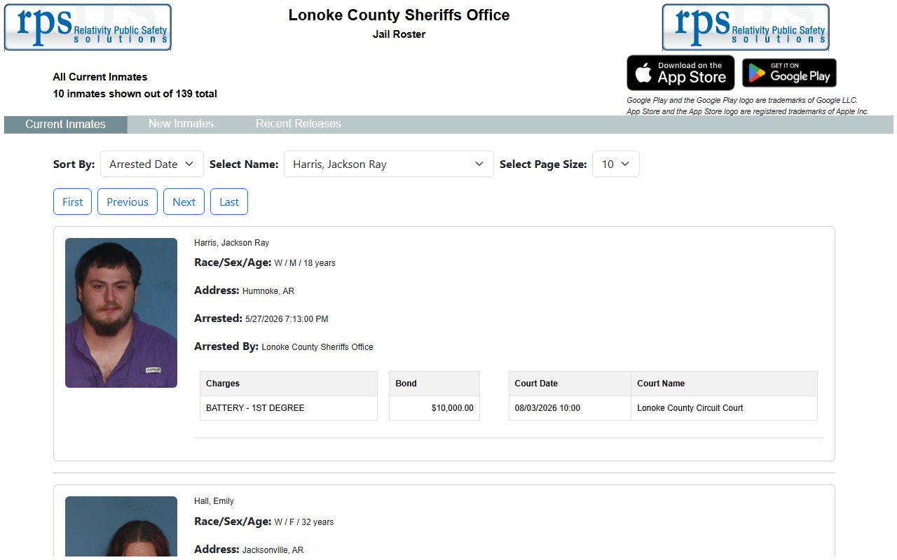 Lonoke County inmate population current inmates roster with booking photos and charges